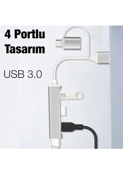 Ally A-806 4in1 Type-C + USB Girişli USB 3.0 Çoğaltıcı Hub Adaptör Çevirici-( - TGZ7668-7956