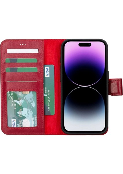 Apple iPhone 15 Pro Uyumlu Deri Cüzdanlı Kılıf Mwwn V4EF Kırmızı