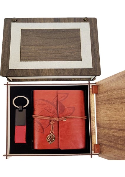 Özel Ahşap Kutulu Kahve Deri Defter ve Anahtarlık Set - TGZ2931-5590