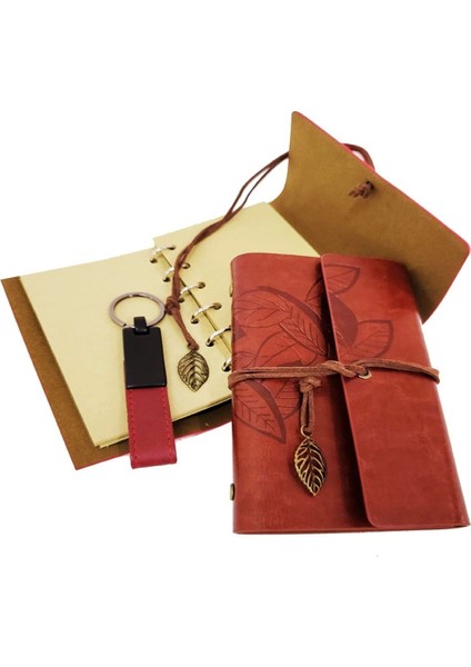 Özel Ahşap Kutulu Kahve Deri Defter ve Anahtarlık Set - TGZ2931-5590 fiyatları