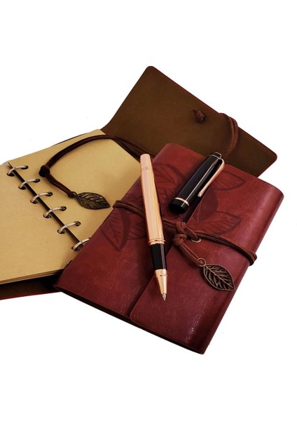 Özel Ahşap Kutulu Kahve Deri Defter ve Bakır Roller Kalem Set - TGZ7677-6830