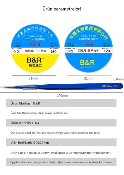 B＆r Ft-03 0.01MM 0.02MM 120M Ince Bakır Yol Çekme Teli+Cımbız Set