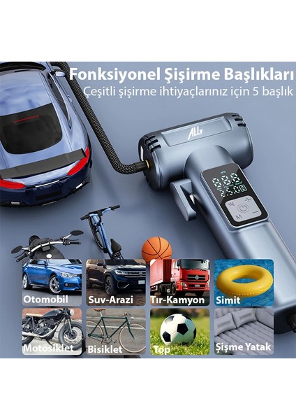 Ally ST-5530 Dijital Şarjlı Araç Lastik Hava Şişirme Pompası Powerbank Pencer - TGZ3281-5785