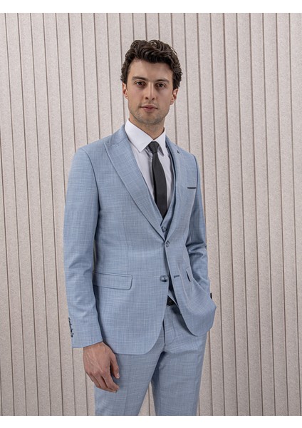 Erkek Slim Fit Sivri Yaka Yelekli Takım Elbise