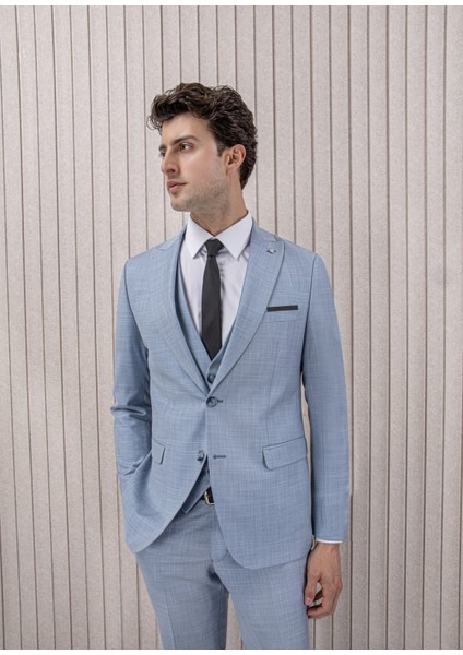Erkek Slim Fit Sivri Yaka Yelekli Takım Elbise