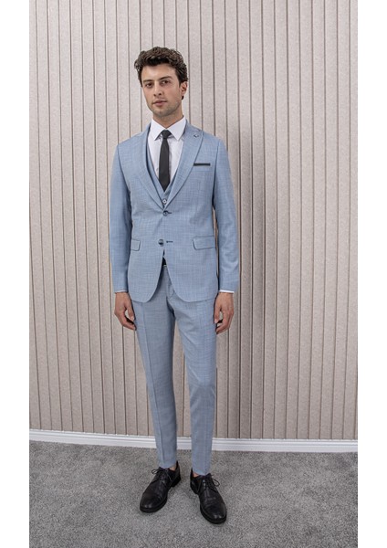 Erkek Slim Fit Sivri Yaka Yelekli Takım Elbise