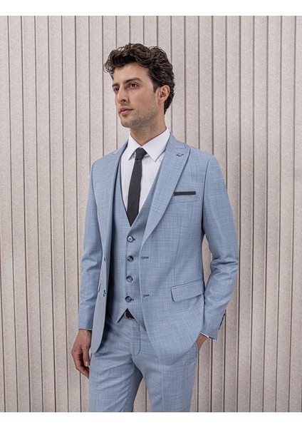 Erkek Slim Fit Sivri Yaka Yelekli Takım Elbise