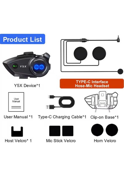 Y5X Rgb Işıklı Intercom 5 Kişi Bağlantılı 1000MAH Motosiklet Bluetooth Kulakl - TGZ9915-3587