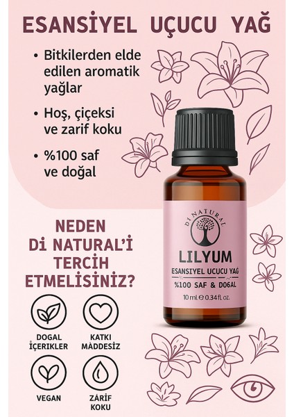 Lilyum Uçucu Yağ %100 Saf Doğal Esans Buhurdanlık Difüzör Oda Esansı 10 ml