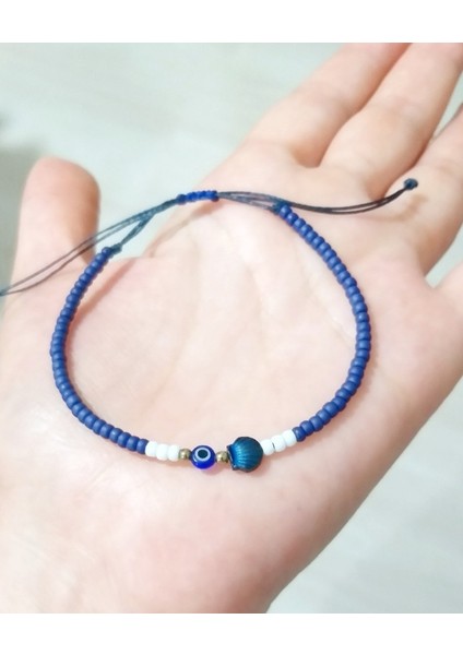 Lacivert Hematit Deniz Kabuğu Nazar ve Miyuki Round Boncuklu Unisex Bileklik