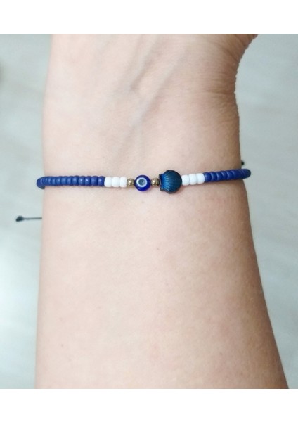 Lacivert Hematit Deniz Kabuğu Nazar ve Miyuki Round Boncuklu Unisex Bileklik