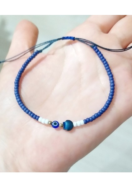 Lacivert Hematit Deniz Kabuğu Nazar ve Miyuki Round Boncuklu Unisex Bileklik