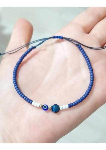 Lacivert Hematit Deniz Kabuğu Nazar ve Miyuki Round Boncuklu Unisex Bileklik