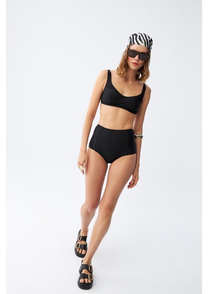 Kadın Siyah Pedli Kare Yaka Yüksek Bel Bikini Takımı