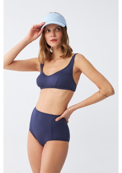Kadın Basic Lacivert Pedli Yüksek Bel Bikini Takımı