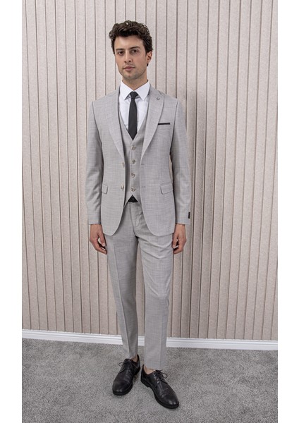 Erkek Likralı Slim Fit Sivri Yaka Yelekli Takım Elbise