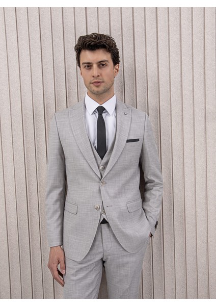 Erkek Likralı Slim Fit Sivri Yaka Yelekli Takım Elbise