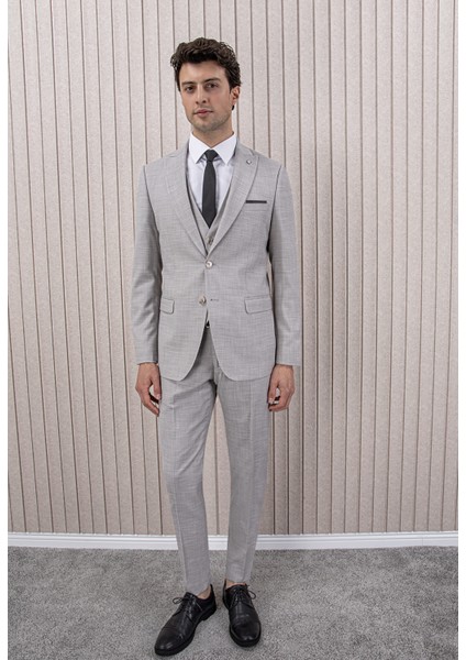 Erkek Likralı Slim Fit Sivri Yaka Yelekli Takım Elbise