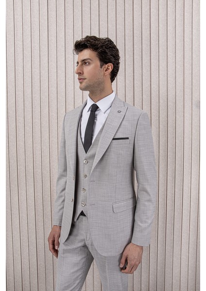 Erkek Likralı Slim Fit Sivri Yaka Yelekli Takım Elbise