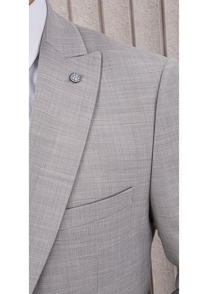 Erkek Likralı Slim Fit Sivri Yaka Yelekli Takım Elbise