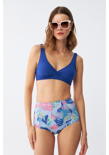 Kadın Pedli Yaprak Desenli Yüksek Bel Sax Bikini Takımı