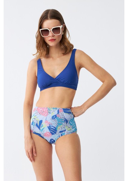 Kadın Pedli Yaprak Desenli Yüksek Bel Sax Bikini Takımı