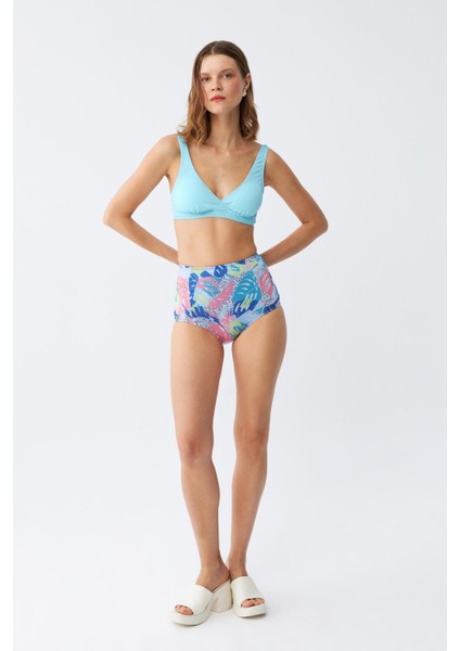 Kadın Pedli Üst Tropik Desenli Yüksek Bel Bikini Takımı - Buz Mavisi