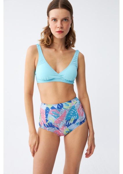 Kadın Pedli Üst Tropik Desenli Yüksek Bel Bikini Takımı - Buz Mavisi