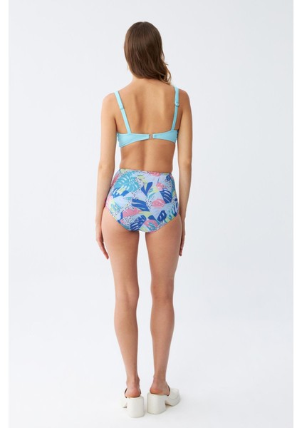 Kadın Pedli Üst Tropik Desenli Yüksek Bel Bikini Takımı - Buz Mavisi
