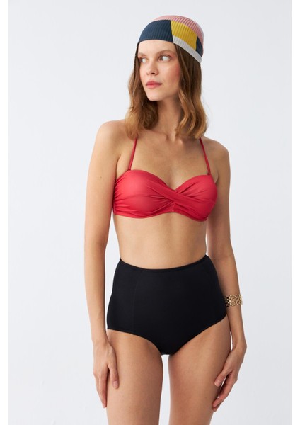 Kadın Straplez Kırmızı Yüksek Bel Bikini Takımı