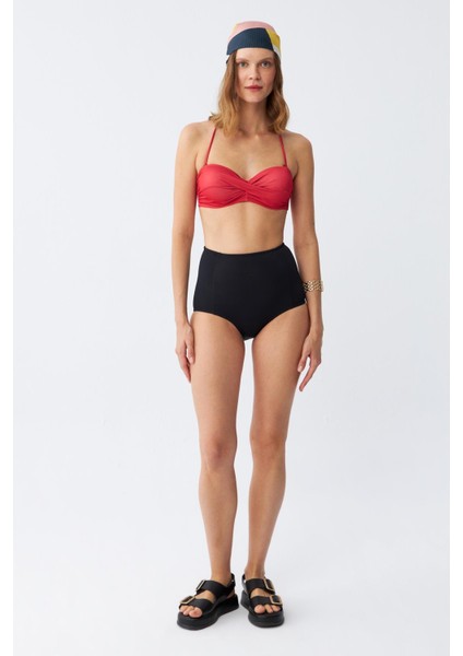 Kadın Straplez Kırmızı Yüksek Bel Bikini Takımı