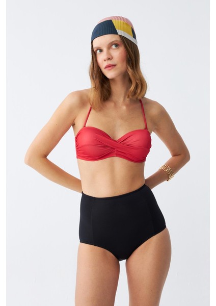 Kadın Straplez Kırmızı Yüksek Bel Bikini Takımı