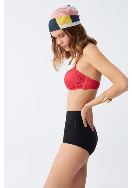 Kadın Straplez Kırmızı Yüksek Bel Bikini Takımı