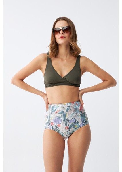 Kadın Haki Pedli Üst ve Yüksek Bel Çiçek Desenli Bikini Takımı
