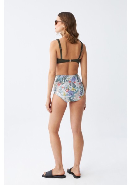 Kadın Haki Pedli Üst ve Yüksek Bel Çiçek Desenli Bikini Takımı