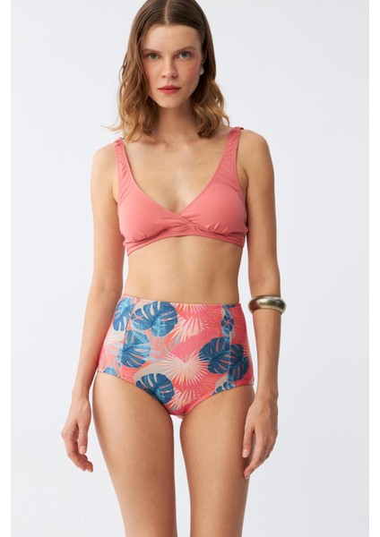 Kadın Somon Pedli Üst ve Tropik Desenli Yüksek Bel Bikini Takımı