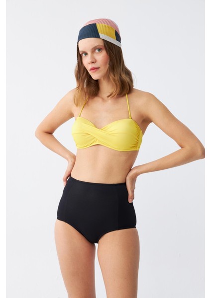 Kadın Straplez Sarı Yüksek Bel Bikini Takımı