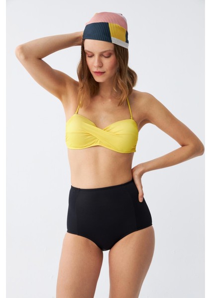 Kadın Straplez Sarı Yüksek Bel Bikini Takımı