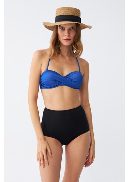 Kadın Straplez Mavi Yüksek Bel Bikini Takımı
