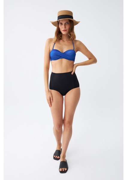 Kadın Straplez Mavi Yüksek Bel Bikini Takımı