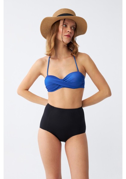 Kadın Straplez Mavi Yüksek Bel Bikini Takımı