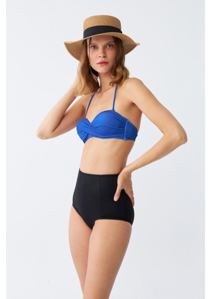 Kadın Straplez Mavi Yüksek Bel Bikini Takımı