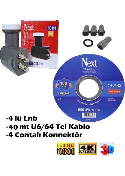 40 Metre Anten Kablosu Full Hd 3D 4K + 4 Lü Lnb Ye- 404 + 4 Contalı Konnektör