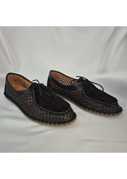El Dikişli Siyah Kadın Ayakkabı - Yazlık Nefes Alabilir Makosen