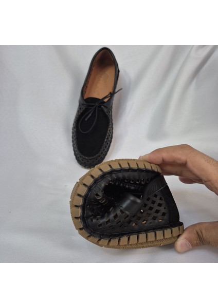 El Dikişli Siyah Kadın Ayakkabı - Yazlık Nefes Alabilir Makosen