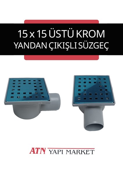 15X15 Krom Süzgeçli Sulu Tipa Ø50 Yan Çıkışlı - Gider Izgarası