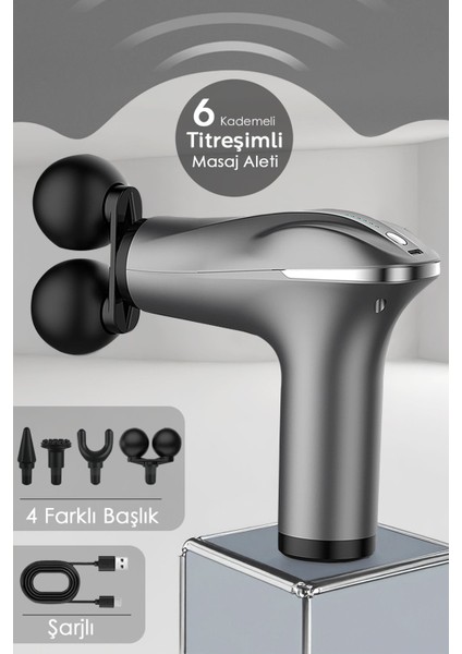 4 Başlıklı Titreşimli Masaj Aleti - Şarjlı Masaj Tabancası Sporcu Bel Sırt Bacak Boyun Masajı