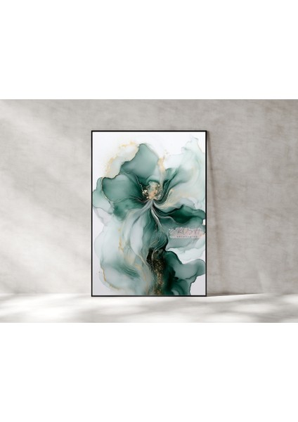 Metal Çerçeveli Gerçek Camlı Tablo - Dijital Baskı - Soyut Zümrüt Çiçeği