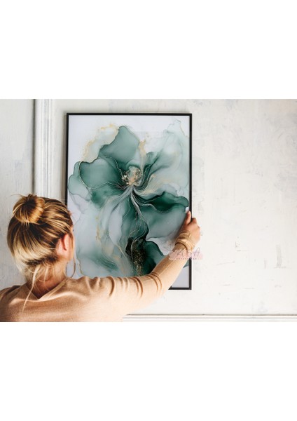 Metal Çerçeveli Gerçek Camlı Tablo - Dijital Baskı - Soyut Zümrüt Çiçeği fiyatları