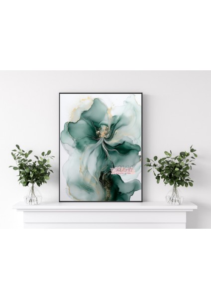 Metal Çerçeveli Gerçek Camlı Tablo - Dijital Baskı - Soyut Zümrüt Çiçeği fırsatları